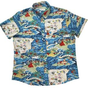 Cotton & Co Mens XL Land of Aloha Hawaiian‎ Shirt Blue Island Map Print Stretch